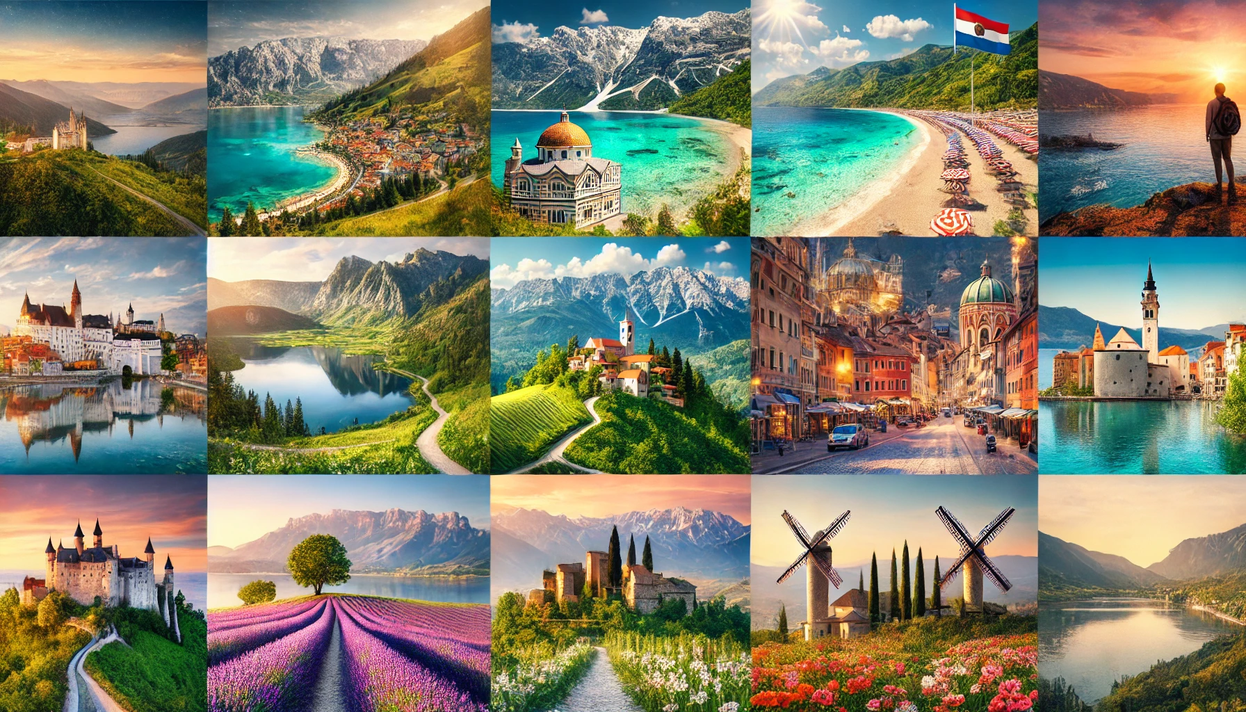 DALL·E 2025-01-27 19.14.04 - A series of landscapes showcasing the stunning variety of a road trip across Europe. The image includes_ 1) Rugged mountains and pristine beaches of A